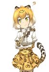  :/ ? animal_ears blonde_hair bow bowtie closed_mouth commentary cowboy_shot elbow_gloves eyebrows_visible_through_hair fur_collar gloves gradient_hair hand_on_own_chin hand_up head_tilt high-waist_skirt highres jaguar_(kemono_friends) jaguar_ears jaguar_print jaguar_tail kemono_friends looking_to_the_side multicolored_hair shirt short_hair short_sleeves simple_background skirt solo standing tail thighhighs thin_(suzuneya) tsurime white_background white_shirt yellow_eyes zettai_ryouiki 