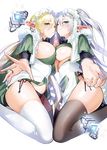  asymmetrical_docking bangs black_legwear black_panties blonde_hair blush boku_to_elf_maid_shimai_no_sanningurashi breast_press breasts closed_mouth commentary_request contrast elf eyebrows_visible_through_hair frills green_eyes hair_between_eyes huge_breasts kneeling large_breasts long_hair looking_at_viewer maid maid_headdress multiple_girls official_art ogino_atsuki original outstretched_arm panties pointy_ears ponytail siblings side-tie_panties sidelocks silver_hair sisters smile thighhighs thighs twins underwear white_legwear 
