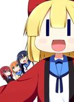  :d bangs blonde_hair blue_eyes blue_hair blush_stickers bow comic_cune green_eyes jacket miyako_hito multiple_girls open_clothes open_jacket open_mouth orange_hair purple_eyes red_hair red_jacket school_uniform simple_background smile white_background yellow_eyes |_| 