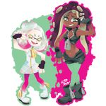  2girls 3d_rod! ankle_boots bangs black_footwear black_gloves black_hair black_shorts boots breasts brown_eyes cephalopod_eyes cleavage commentary crop_top dark_skin dress fangs fingerless_gloves full_body gloves green_eyes green_legwear grin hime_(splatoon) iida_(splatoon) inkling looking_at_viewer medium_breasts midriff multiple_girls navel_piercing octarian open_mouth pantyhose piercing purple_legwear short_dress short_hair short_shorts shorts sitting sleeveless sleeveless_dress smile splatoon_(series) splatoon_2 symbol-shaped_pupils tentacle_hair transparent_background twitter_username white_dress white_footwear white_hair zipper zipper_pull_tab 