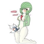  1girl absurdres arms_behind_back blush breasts disembodied_limb erection eyebrows_visible_through_hair feet futanari gardevoir green_hair hair_over_one_eye half-closed_eyes handjob kneeling large_breasts looking_away looking_to_the_side lotion m0n1e navel nipples no_humans penis pokemon pokemon_(creature) pokemon_rse red_eyes short_hair simple_background solo sweat testicles trembling uncensored white_background 