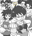  4girls :d ? armor bandana bardock black_eyes caulifla check_commentary clenched_hands commentary commentary_request copyright_name crossed_arms dougi dragon_ball dragon_ball_super dragon_ball_z earrings eighth_note eyebrows_visible_through_hair food frown gine gloves greyscale hand_on_hip jewelry kale_(dragon_ball) looking_at_another looking_at_viewer meat monkey_tail monochrome multiple_boys multiple_girls musical_note open_mouth serious seripa short_hair simple_background single_hair_intake smile son_gokuu sparkle spiked_hair sweatdrop tail tank_top time_paradox tkgsize vegeta white_background wristband 