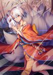  animal_ears bad_id bad_pixiv_id breasts cleavage collarbone eyebrows_visible_through_hair fox_ears fox_tail hair_ornament hairclip japanese_clothes kimono kyuubi large_breasts looking_at_viewer mask multiple_tails original red_eyes short_hair silver_hair solo tail xiaosan_ye 