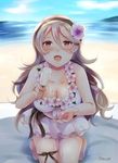  ayame_(norie11) beach bikini bikini_skirt black_ribbon blush breasts cleavage day eyebrows_visible_through_hair feeding female_my_unit_(fire_emblem_if) fire_emblem fire_emblem_heroes fire_emblem_if flower food hair_between_eyes hair_flower hair_ornament hairband hibiscus holding ice_cream kneeling leg_ribbon lei long_hair looking_at_viewer melting my_unit_(fire_emblem_if) open_mouth pointy_ears popsicle pov pov_feeding red_eyes ribbon shade signature skirt sky smile solo swimsuit wavy_hair white_hair 