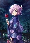  blue_eyes blush candy_apple fate/grand_order kimono matthew_kyrielite night purple_hair short_hair smile 