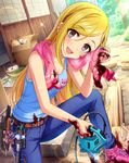  bad_source belt blonde_hair blood denim dismemberment earrings fujimoto_rina highres idolmaster idolmaster_cinderella_girls jeans jewelry looking_at_viewer navel open_mouth pants ray-k severed_hand short_hair smile solo stained_clothes tools towel 