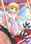  :d alice_to_zouroku blonde_hair blue_sky brown_eyes carousel cloud cloudy_sky day fang highres hood hooded_jacket jacket kashimura_sana kazenokaze long_hair looking_at_viewer low_twintails open_mouth riding sky smile solo striped striped_legwear thighhighs twintails zettai_ryouiki 