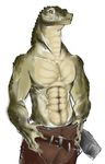  abs anthro athletic belt biceps clothed clothing crocodile crocodilian dratex green_skin hammer leather male muscular nile_crocodile pants pecs reptile scalie simple_background sketch smile solo spines standing teeth tools topless white_background yellow_eyes 
