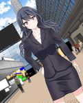  absurdres bangs black_skirt blue_hair business_suit dutch_angle formal hand_on_hip highres long_hair looking_at_viewer nattsunkoi office_lady pencil_skirt red_eyes seikaisuru_kado shibuya_station skirt skirt_suit solo suit swept_bangs tsukai_saraka 