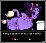  anthro anus arachnid arthropod black_hair blush butt clothing fangs female grin hair hair_bow hair_ribbon hi_res humanoid looking_at_viewer looking_back muffet multi_arm multi_eye multi_limb pigtails presenting pussy rear_view rektum ribbons simple_background smile solo spider spread_anus spread_butt spreading sweat undertale video_games 