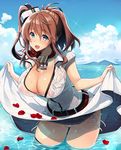  :d anchor belt belt_buckle black_legwear blue_eyes blue_sky blush breast_pocket breasts brown_hair buckle cleavage cloud cloudy_sky copyright_name cover cover_page covered_nipples cowboy_shot day dress dress_lift eyebrows_visible_through_hair hair_between_eyes hat highres horizon kantai_collection kekocha large_breasts leaning_forward lifted_by_self long_hair looking_at_viewer nipples no_bra ocean one_side_up open_clothes open_mouth open_shirt outdoors panties petals pocket ponytail rating red_scarf ribbon rose_petals saratoga_(kantai_collection) scarf see-through shiny shiny_hair shiny_skin shirt short_sleeves side-tie_panties sidelocks skirt skirt_lift sky smile solo sparkle tareme thighhighs thighs underwear wading wet wet_clothes wet_shirt white_hat white_panties white_ribbon white_shirt 