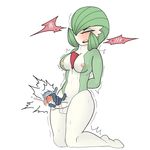  1girl absurdres arms_behind_back blush breasts disembodied_limb erection eyebrows_visible_through_hair eyes_closed feet futanari gardevoir green_hair hair_over_one_eye handjob heart kneeling large_breasts lotion m0n1e navel nipples no_humans open_mouth penis pokemon pokemon_(creature) pokemon_rse red_eyes short_hair simple_background solo spoken_heart sweat teeth testicles trembling uncensored white_background 