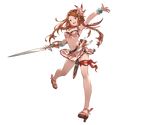  arm_up armpits bare_shoulders belt bikini bikini_skirt blue_eyes bracelet braid breasts brown_hair carren carren_estapera cleavage crown_braid full_body granblue_fantasy hair_ornament holding holding_sword holding_weapon jewelry looking_at_viewer medium_breasts minaba_hideo navel official_art open_mouth open_toe_shoes pearl_bracelet sandals sheath shoes solo swimsuit sword thigh_strap transparent_background twin_braids weapon wedge_heels 