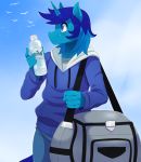  5_fingers anthro blue_eyes blue_hair blue_skin blush clothed clothing duffel_bag equine fan_character fingers fully_clothed hair hi_res holding_object hoodie horn light_shine_(solratic) male mammal my_little_pony outside pants sky solo sssonic2 standing sweat unicorn water_bottle 
