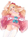  :d absurdres arm_behind_head arm_up armpits blonde_hair blush bow bra bra_lift breasts brown_eyes commentary dress dress_lift dress_pull drill_hair eromanga_sensei hair_bow hairband highres kitou_sakeru long_hair looking_at_viewer nipples open_mouth panties pink_bra pink_dress pink_panties simple_background small_breasts smile solo thighhighs underwear white_background white_legwear yamada_elf 