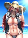  arm_up baiken beach bikini black_bikini blush breasts cleavage collarbone curvy day eyepatch goggles guilty_gear guilty_gear_xrd hat highres hips large_breasts lens_flare long_hair looking_at_viewer navel parted_lips pink_hair revision shadow solo straw_hat sun sun_hat swimsuit tama_(tamakaka1031) very_long_hair wide_hips 