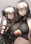  bangs black_dress black_gloves blush breasts cleavage closed_mouth commentary_request covered_nipples crossed_bangs destroyer_(girls_frontline) dress elbow_gloves eyebrows_visible_through_hair fingerless_gloves gaia_(girls_frontline) girls_frontline gloves grey_hair hair_between_eyes halter_top halterneck huge_breasts large_breasts long_hair looking_at_viewer luse_maonang medium_breasts multiple_girls navel open_mouth sangvis_ferri silver_hair smile twintails underboob underboob_cutout yellow_eyes 