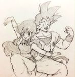  1girl :d black_eyes chi-chi_(dragon_ball) chinese_clothes clenched_hand couple dougi dragon_ball eye_contact happy hetero leg_up long_hair looking_at_another looking_back monochrome open_mouth outstretched_arms parody ponytail ranma_1/2 short_hair simple_background smile son_gokuu spiked_hair tkgsize wristband 
