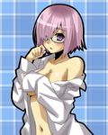  breasts cleavage fate/grand_order fate_(series) glasses hair_over_one_eye looking_at_viewer mash_kyrielight matsudora124 medium_breasts midriff no_bra open_clothes open_shirt purple_eyes purple_hair shirt short_hair solo upper_body white_shirt 