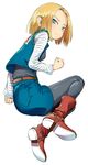  android_18 bangs black_legwear blonde_hair blue_eyes boots breasts dragon_ball dragon_ball_z earrings from_side full_body highres jacket jewelry long_sleeves looking_at_viewer nakahara_kaihei pantyhose parted_bangs short_hair skirt small_breasts solo torn_clothes torn_sleeves 