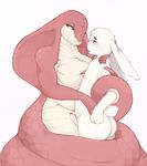  blush breasts cobra fawnsdraws female fur hand_on_neck lagomorph male mammal naga nude penis reptile scales scalie snake tail_coil white_fur 