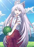  1girl bare_arms blue_sky bow cloud cloudy_sky collared_shirt day dress_shirt food fruit fujiwara_no_mokou hair_bow highres holding holding_fruit long_hair looking_at_viewer nurupo_(abooon) open_mouth outdoors pants red_eyes shirt sky smile solo suspenders torn_clothes torn_shirt touhou very_long_hair watermelon white_hair white_shirt wing_collar 