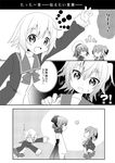  &gt;_&lt; 4girls :d bow bowtie braid comic drill_hair etorofu_(kantai_collection) faceless faceless_female flying_sweatdrops greyscale hair_ribbon harukaze_(kantai_collection) hat japanese_clothes kantai_collection kunashiri_(kantai_collection) monochrome multiple_girls open_mouth page_number pleated_skirt ribbon school_uniform serafuku shimushu_(kantai_collection) short_hair skirt smile sweatdrop translation_request twin_braids two_side_up 