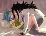  1girl barefoot bed black_hair blue_hair couple dress eye_contact fairy_tail fingerless_gloves gajeel_redfox gloves hetero holding_hands imminent_sex levy_mcgarden looking_at_another off_shoulder piercing reclining rusky smile spiked_hair tears 