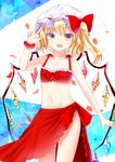  alternate_costume bare_arms bikini blonde_hair breasts collarbone contrapposto cowboy_shot fangs flandre_scarlet hand_up hat hat_ribbon highres looking_at_viewer mob_cap multicolored multicolored_eyes navel open_mouth petals red_bikini ribbon sakipsakip sarong scrunchie short_hair side_ponytail simple_background small_breasts solo standing swimsuit touhou two-tone_background w wings wrist_scrunchie 