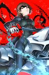  bodysuit braid brown_hair chain commentary_request crown_braid ground_vehicle highres joanna_(persona_5) looking_at_viewer motor_vehicle motorcycle niijima_makoto omoti_(1201208) parted_lips persona persona_5 red_background red_eyes revision shoulder_spikes solo spikes 