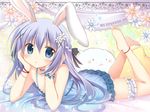  animal animal_ears bangs bare_shoulders barefoot bed_sheet black_bow blue_choker blue_eyes blush bow braid bunny_ears choker commentary_request eyebrows_visible_through_hair feet flower french_braid full_body gochuumon_wa_usagi_desu_ka? hair_between_eyes hair_bow hair_flower hair_ornament hairclip hands_on_own_cheeks hands_on_own_face kafuu_chino korie_riko leg_garter legs legs_up light_blue_hair lingerie long_hair looking_at_viewer lying negligee no_panties on_stomach parted_lips sidelocks soles the_pose tippy_(gochiusa) toes underwear wristband x_hair_ornament 