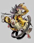  angry blazblue bottomless cat claws clothed clothing demon feet feline hair jubei male mammal melee_weapon paws pose samurai simple_background sword video_games weapon 
