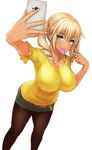  black_legwear blonde_hair blue_eyes breasts cellphone commentary_request condom condom_in_mouth condom_wrapper dark_skin drill_hair fingernails highres kabocha_head large_breasts looking_at_viewer miniskirt mouth_hold pantyhose phone self_shot shirt simple_background skirt smile solo standing v white_background yellow_shirt 