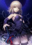  artoria_pendragon_(all) blonde_hair breasts dark_excalibur dark_persona detached_sleeves dress fate/grand_order fate/stay_night fate_(series) hisahisahisahisa medium_breasts night night_sky saber_alter sky solo sword thighhighs weapon yellow_eyes 