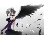  asymmetrical_wings bare_shoulders black_wings commentary_request detached_collar dress drill_hair elbow_gloves feathered_wings feathers gem gloves gown gradient gradient_background grey_background idolmaster idolmaster_cinderella_girls kanzaki_ranko lipstick long_sleeves looking_down makeup profile purple_dress purple_lipstick red_eyes silver_hair smile solo sugi_214 twin_drills twintails upper_body white_background wings 