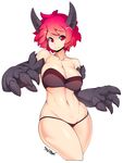  bare_shoulders black_panties breasts claws cleavage copyright_request curvy highres horns large_breasts light_smile micro_panties navel panties red_eyes red_hair short_hair signature simple_background slugbox solo thick_thighs thighs toned underwear white_background wide_hips 