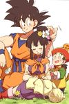  2boys black_eyes black_hair chi-chi_(dragon_ball) child chinese_clothes dougi dragon_ball dragon_ball_(object) dragon_ball_z eyebrows_visible_through_hair family father_and_son flower grass hair_flower hair_ornament hand_in_another's_hair hat knitting knitting_needle looking_at_another mother_and_son multiple_boys needle open_mouth short_hair simple_background sleeping smile son_gohan son_gokuu spiked_hair tail tied_hair tkgsize white_background wool wristband 