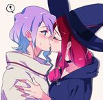  2girls blush choker cloak closed_eyes croix_meridies from_side glasses green_eyes half-closed_eyes hand_on_another's_shoulder hat hood hooded_cloak kiss little_witch_academia long_hair multiple_girls negom purple_hair red_hair short_hair side_ponytail simple_background spoilers surprise_kiss surprised sweatdrop thought_bubble upper_body ursula_charistes white_background witch witch_hat yuri 