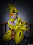  1girl apron bed breasts chicken female five_nights_at_freddy&#039;s five_nights_at_freddy&#039;s_4 kneel looking_at_viewer nightmare_chica robot solo tail teddy_bear teeth yellow_skin 
