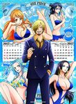  1guy 2017 4girls bikini black_hair blonde_hair blue_eyes blue_hair blush boa_hancock breasts calendar cigar cleavage earrings fist glasses hand_in_pocket large_breasts long_hair looking_at_viewer multiple_girls nami_(one_piece) nefertari_vivi one_piece open_mouth orange_hair perky_breasts sanji smile standing tashigi tattoo tied_hair 