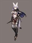  animal_ears armor armored_boots bangs black_gloves blue_eyes blunt_bangs boots breasts cape cleavage closed_mouth commentary_request covered_navel fox_ears fox_tail full_body gloves highleg highleg_leotard holding holding_weapon kageshio_(276006) kunai leotard long_hair looking_at_viewer medium_breasts ninja original pantyhose sekka_(kageshio) serious sideboob silver_hair solo standing tail thighband_pantyhose weapon 