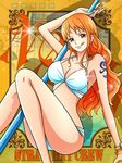  1girl alone bikini brown_eyes earring female hips holding long_hair nami_(one_piece) one_piece orange_hair smile solo staff tattoo thighs tongue_out 