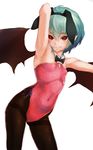  animal_ears armpits bat_wings black_bow black_legwear black_neckwear bow bowtie breasts bunny_ears bunnysuit closed_mouth covered_navel detached_collar eyebrows_visible_through_hair fake_animal_ears fang_out green_hair hair_between_eyes hairband highleg highleg_leotard kabocha_head leotard looking_at_viewer outstretched_arm pantyhose pink_leotard pointy_ears red_eyes remilia_scarlet short_hair simple_background small_breasts smile solo touhou white_background wings 