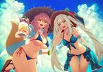  :d akino_sora bangle bikini bikini_skirt blue_bikini blue_sky bracelet breasts cleavage cloud cloudy_sky cup curvy day fang fate/extra fate_(series) food fox_tail front-tie_top fruit green_eyes hair_between_eyes hand_on_own_face hat highres ice_cream jewelry large_breasts long_hair looking_at_viewer marie_antoinette_(fate/grand_order) marie_antoinette_(swimsuit_caster)_(fate) medium_breasts mug multiple_girls navel necklace open_mouth outdoors pink_hair sandals shirt side-tie_bikini silver_hair sky smile standing standing_on_one_leg straw_hat strawberry string_bikini sundae swimsuit tail tamamo_(fate)_(all) tamamo_no_mae_(fate) tamamo_no_mae_(swimsuit_lancer)_(fate) thigh_gap underboob upper_teeth very_long_hair wafer_stick white_shirt yellow_eyes 