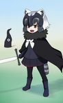  :d animal_ears black_hair cerulean_(kemono_friends) commentary_request common_raccoon_(kemono_friends) cosplay fang fate/apocrypha fate/grand_order fate_(series) gloves headpiece jeanne_d'arc_(alter)_(fate) jeanne_d'arc_(alter)_(fate)_(cosplay) jeanne_d'arc_(fate)_(all) kemono_friends open_mouth pantyhose raccoon_ears raccoon_tail short_hair skirt smile solo sword tail wata_do_chinkuru weapon 