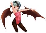  animal_ears armpits bat_wings black_bow black_legwear black_neckwear bow bowtie breasts bunny_ears bunnysuit closed_mouth covered_navel cropped_legs detached_collar eyebrows_visible_through_hair fake_animal_ears fang_out green_hair hair_between_eyes hairband highleg highleg_leotard kabocha_head leotard looking_at_viewer outstretched_arm pantyhose pink_leotard pointy_ears red_eyes remilia_scarlet short_hair simple_background small_breasts smile solo touhou white_background wings wrist_cuffs 
