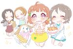  ahoge birthday_cake black_hair bouquet brown_hair cake chibi closed_eyes commentary_request dog dress flower food fork highres love_live! love_live!_sunshine!! mouth_hold multiple_girls open_mouth orange_hair plate_stack red_eyes ruka328 shiitake_(love_live!_sunshine!!) shirt short_hair short_sleeves simple_background skirt sleeveless sleeveless_dress sparkle striped striped_shirt suspender_skirt suspenders takami_chika takami_mito takami_shima tears twitter_username watanabe_you wavy_mouth white_background yellow_skirt younger 