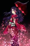  ;) alternate_costume black_gloves black_hair blush cherry_blossoms closed_mouth commentary_request cowboy_shot earrings fate/grand_order fate_(series) floral_print from_behind gloves hair_ornament hair_ribbon hayabusa heroic_spirit_formal_dress highres hoop_earrings ishtar_(fate/grand_order) japanese_clothes jewelry kimono long_hair long_sleeves looking_at_viewer looking_back obi one_eye_closed parasol petals pointing pointing_at_viewer red_eyes ribbon sash smile solo standing two_side_up umbrella wide_sleeves 