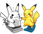  commentary_request game_boy gen_1_pokemon handheld_game_console nintendo_3ds no_humans paro partially_colored pikachu pokemon pokemon_(creature) simple_background standing time_paradox white_background 