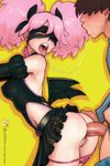  1girl anal ass bare_shoulders bat_wings bbc-chan belt black_skirt boku_no_hero_academia bow breasts covered_nipples domino_mask elbow_gloves eyelashes faceless faceless_male frilled_skirt frills gloves hair_bow haneyama_kazuho hetero highleg highleg_leotard highres hip_vent leotard low_wings mask medium_breasts mini_wings one_eye_closed panties panty_pull penis pink_hair pink_panties pussy pussy_juice red_eyes saliva saliva_trail sex skirt solo_focus tearing_up tongue tongue_out twintails uncensored underwear vigilante_-boku_no_hero_academia:_illegals- wings yellow_background 